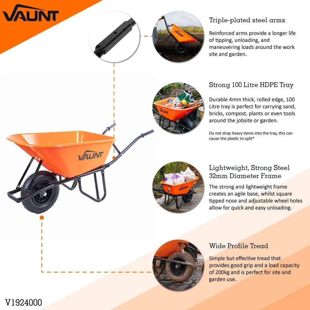 Vaunt Heavy Duty 100Ltr Plastic Tray Reinforced Wheelbarrow - Image 2